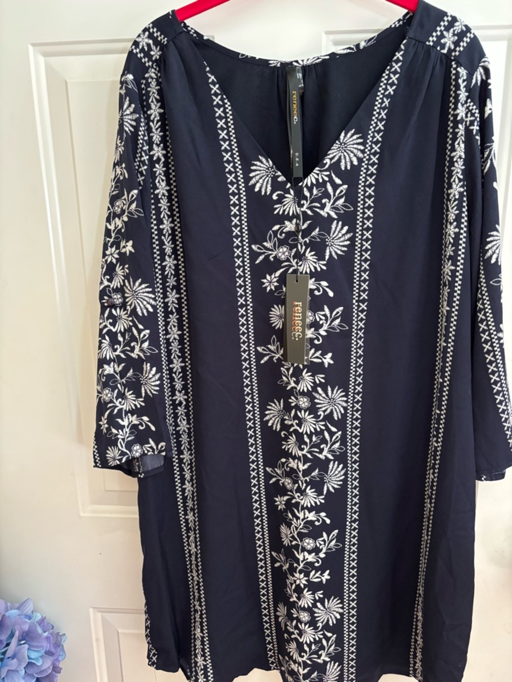 Renee C. Navy and White Embroidered Midi Dress